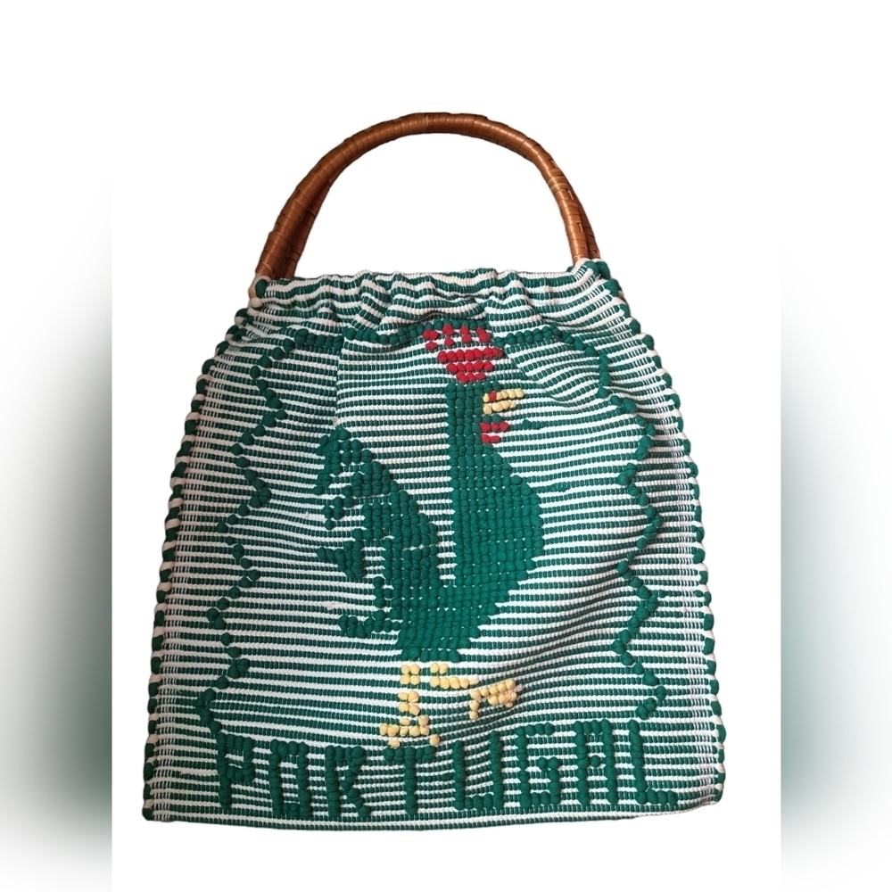 PORTUGAL knit woven EMBROIDERD ROOSTER bag  wrapped wood handles knitting CRAFTS